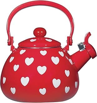 Supreme HousewaresHearts Pattern Whistling Tea Kettle for Stove Top Enamel on Steel Teakettle, Teapot Water Kettle Cute Kitchen Accessories Teteras (2 Quart, Red Hearts)