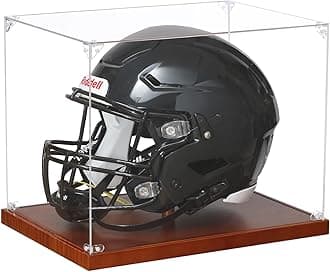 JupDec Football Helmet Display Case, Full Size Acrylic Baseball Motorcycle Helmet Showcase, UV Protection Souvenirs and Collectibles Box with Solid Wood Base & Riser, Ideal Gift for Sports Enthusiast