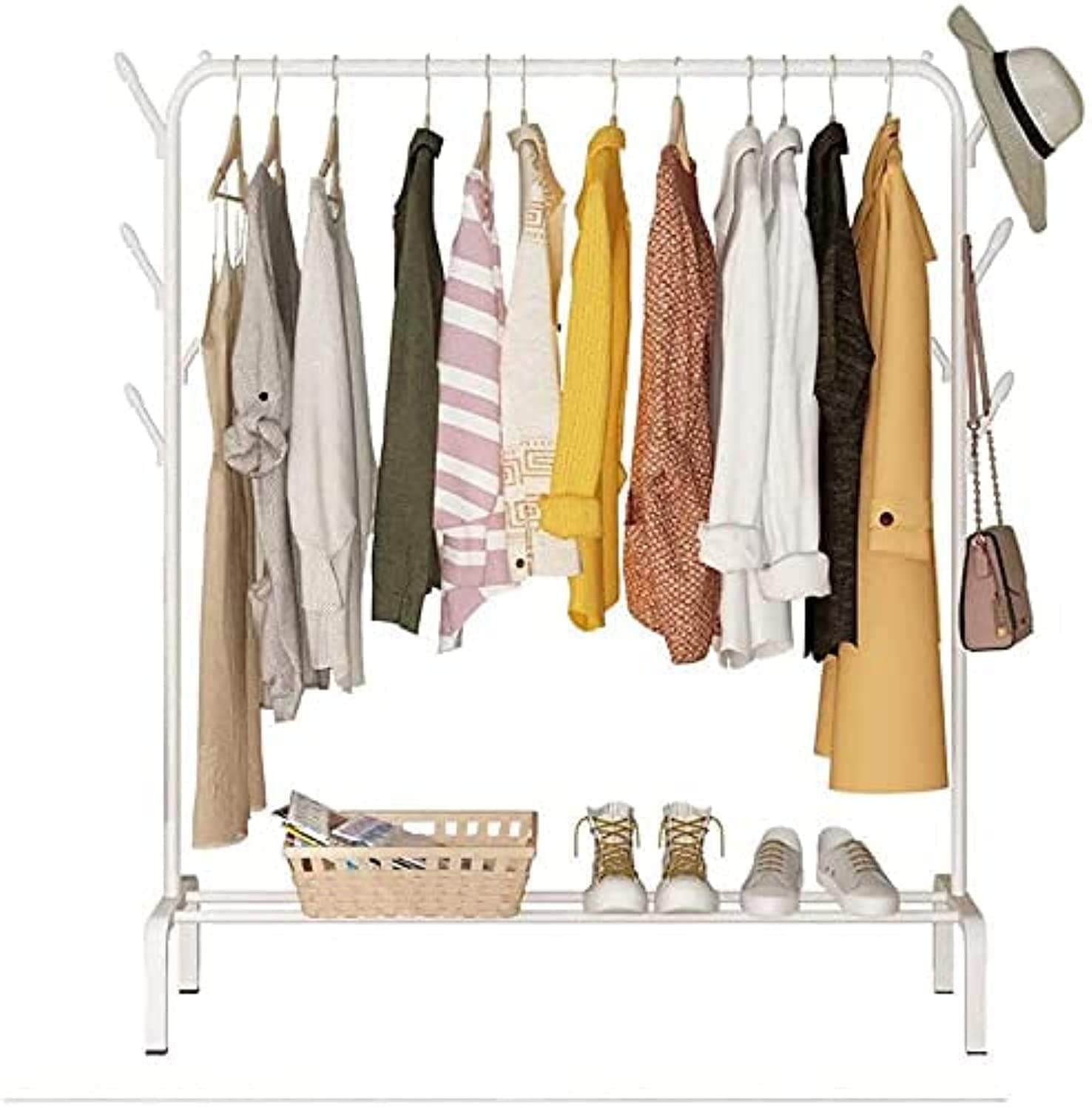 Lukzer | Heavy-Duty Metal Garment Rack with Bottom Storage Shelf & 4 Side Hooks | Freestanding Clothes Stand for Bedroom, Entryway, Living Room | White | 40 x 110 x 148 cm | Model No. MGS-001
