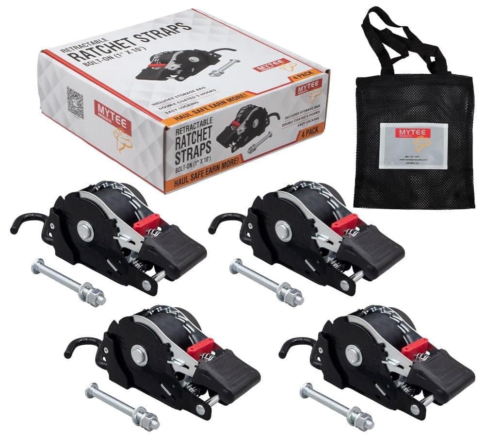 4 Pack 1'' x 10' Bolt on Retractable Ratchet Straps for Cargo - Coated S Hook Auto Retract Ratchet Straps - Self Ratcheting Strap for Boat Tie Down to Trailer & Jet Ski, ATVs, Bikes