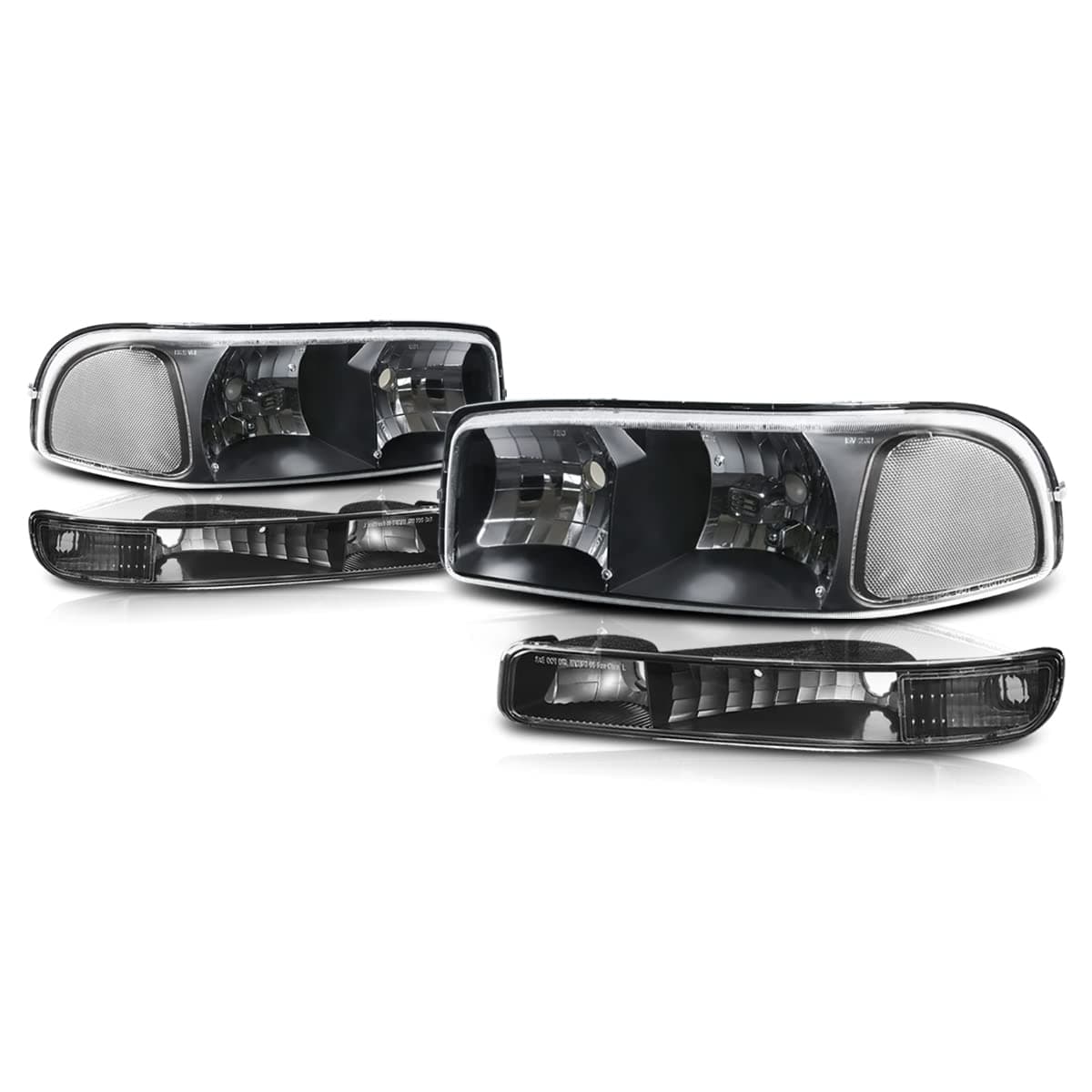 Black Housing Clear Corner Headlights & Bumper Lights Compatible with 99-07 Sierra 1500 2500 3500&HD / 99-06 Yukon&XL / 2001 Sierra C3, PMHL-GSIE-9906-4P-OH-BC
