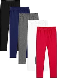 BOOPH 5 Pack Girls Leggings Cotton Full Length Stretchy Kids Pants Footless 5-14 Years