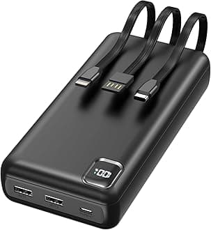 Portable Charger Power Bank 50000mAh Portable Phone Charger, PD 22.5W Fast Charging Powerbank Built in Cable, 5 Output 3 Input USB C LED Display for iPhone 16 15 14 13 Samsung Android iPad