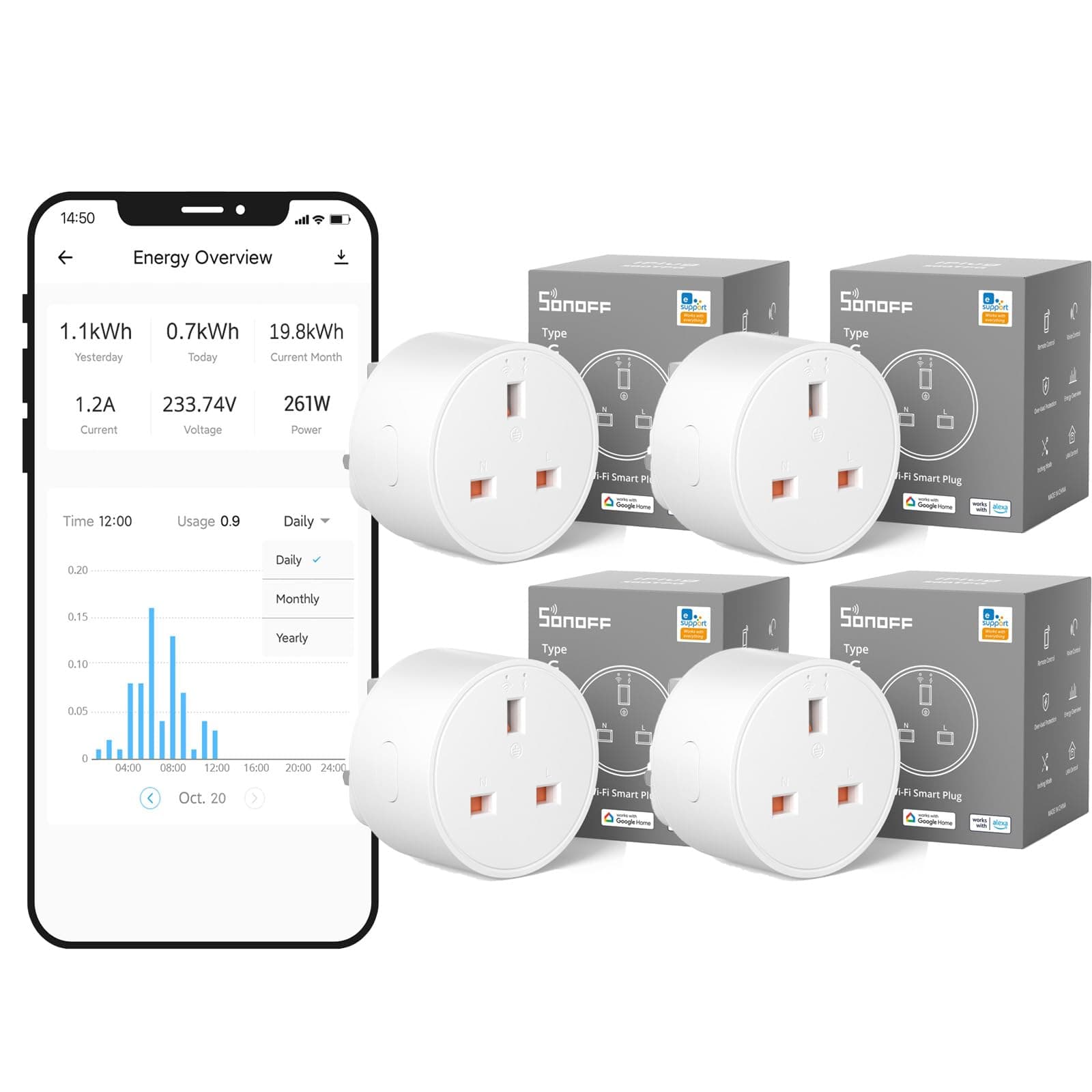 WiFi Smart Plug Socket Mini Smart Socket with Energy Power Monitoring Remote Control Smart Schedule Functions, Works with Alexa/Google Home and IFTTT, 2.4 GHz No Hub Required, 4PCS S60TPG