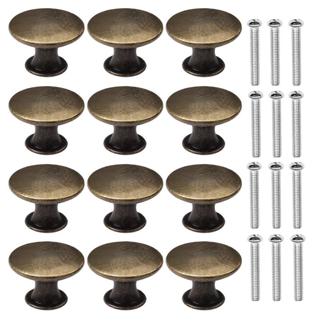 12 Pcs Bronze Kitchen Cabinet Drawers Cupboard Door Knobs, Vintage Copper Round Knobs Handles for Drawer Wardrobe Cupboard Door(30mm/with Screws)