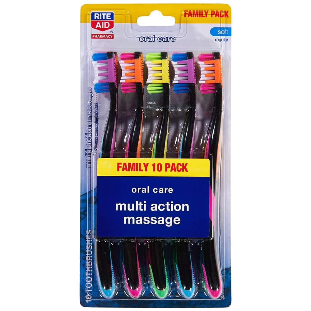 Rite Aid Oral Care Multi Action Massage Toothbrushes, Soft - 10 Count | Family 10 Pack Soft Bristle Toothbrushes | Toothbrush Pack | Back of Toothbrush Tongue Scraper | Soft Toothbrush | Tooth Brush