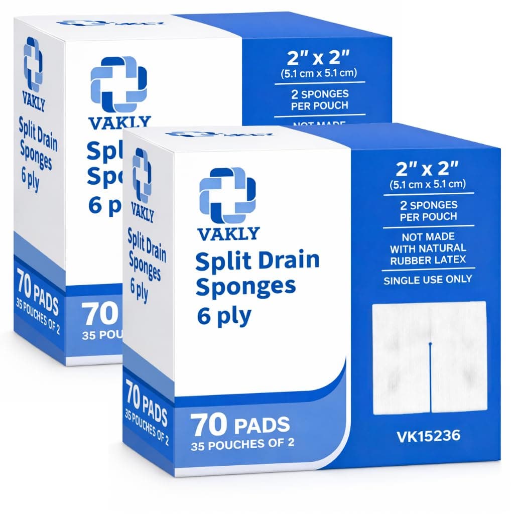 Vakly Sterile Split Gauze 2" x 2" 6-Ply (Pack of 140) – Absorbent Non-Woven Drain Sponge Pads with Precut Slit for IV & Tracheostomy Care