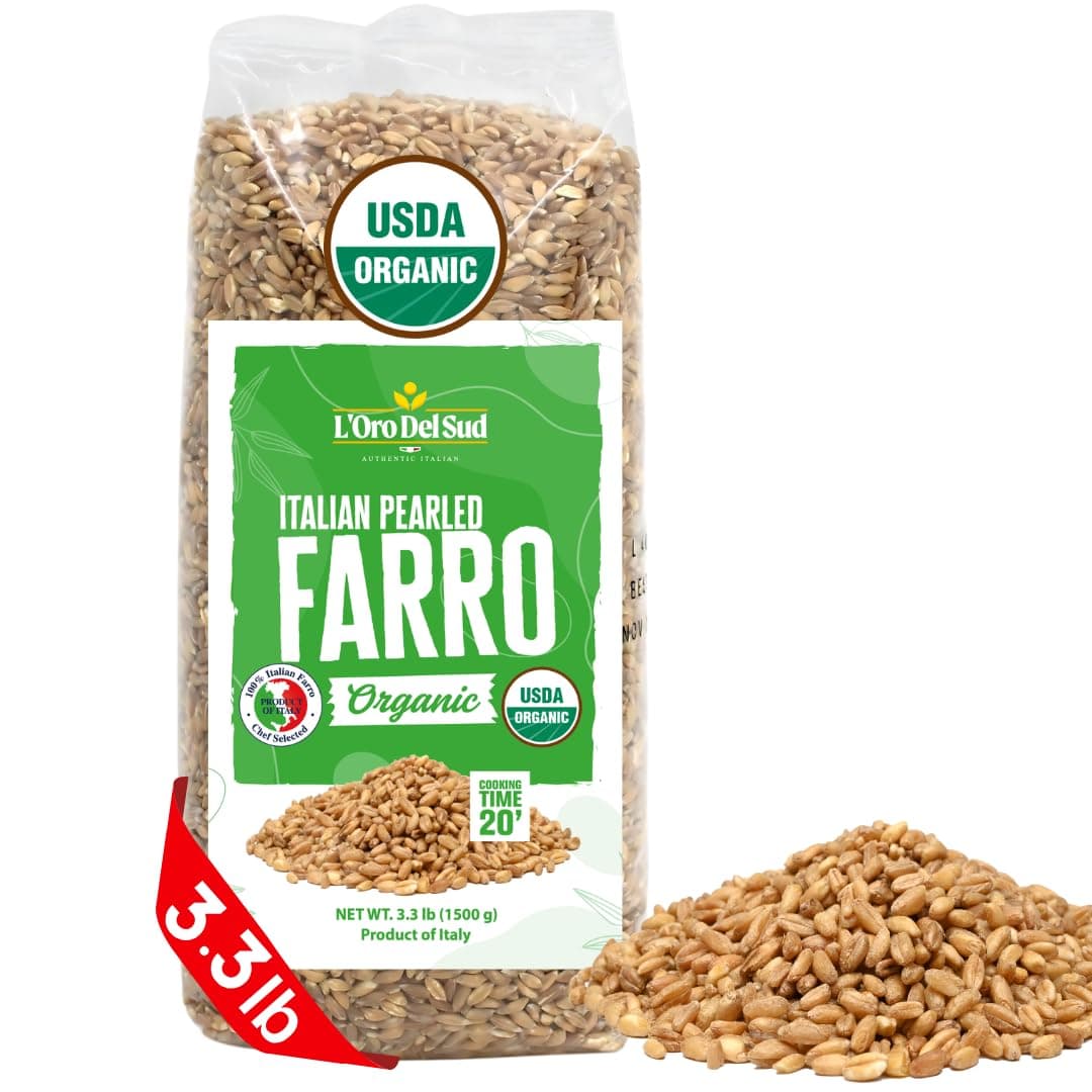Organic Farro Grain, Pearled, 3.3 lb (1.5 kg), Italian Farro Perlato, Emmer Wheat, Spelt, Non-GMO, Superfood, Bulk, Protein, Fiber Rich, L'Oro del Sud, Product of Italy