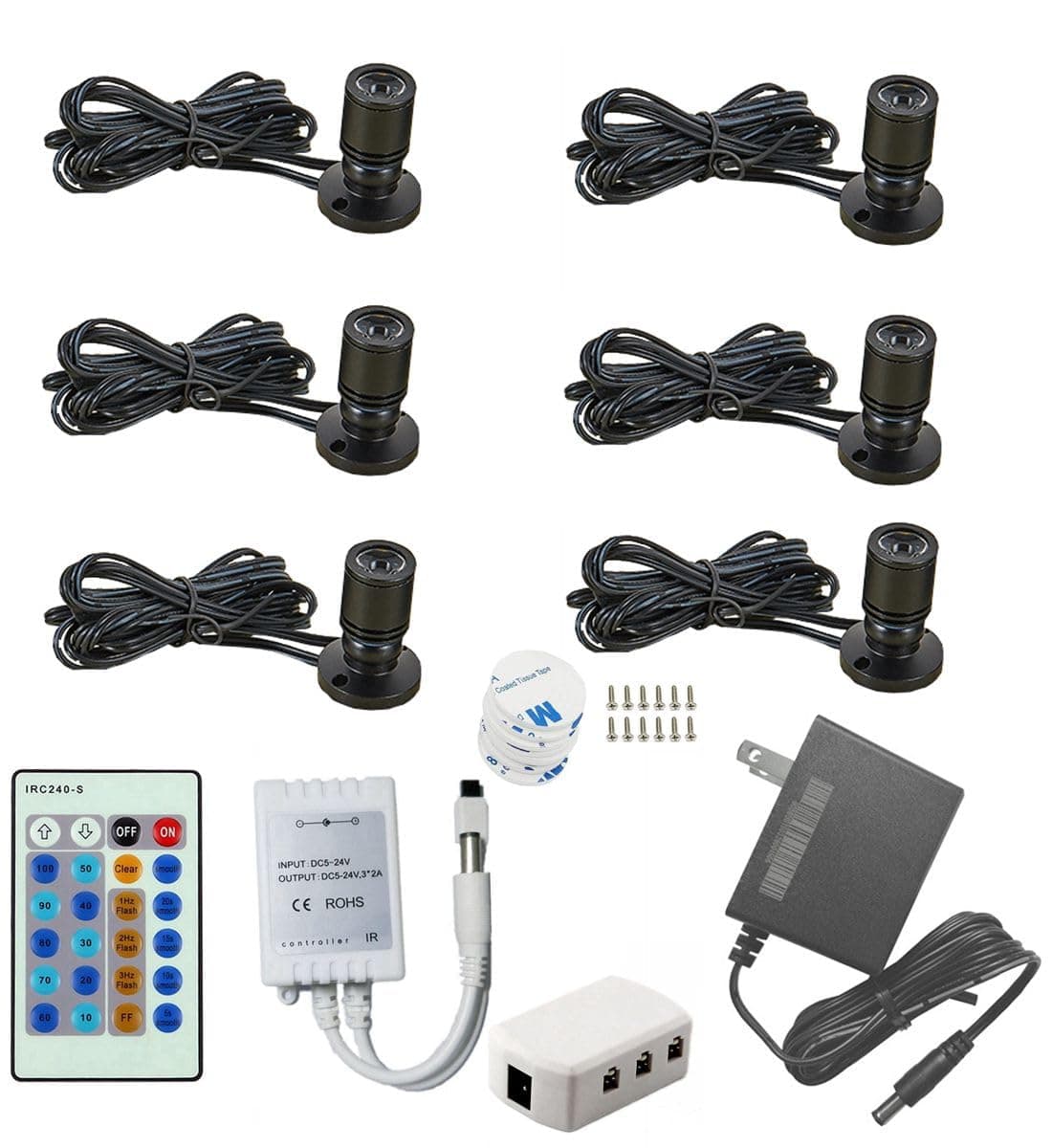 1.5W 12VDC Dimmable LED Mini Spotlight Jewelry Showcase Display Lights Black Shell Surface Mount with Wireless IR Dimmer (Pack-6,Cold White)