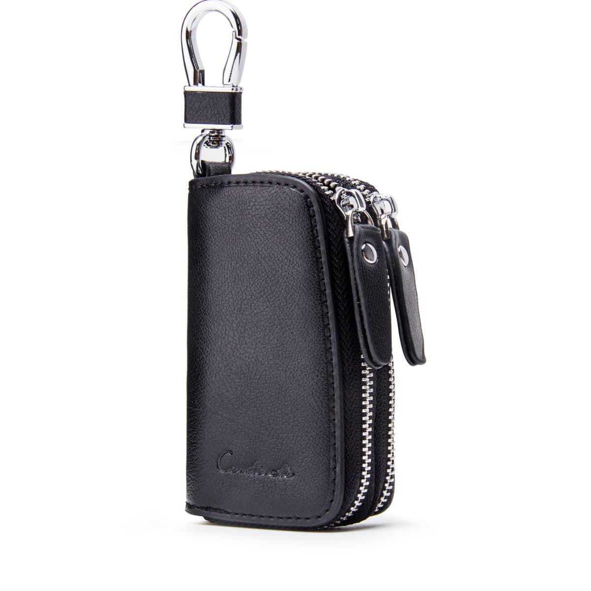 Contacts Car Key Case Leather Double Zipper Key Holder with Keyring Key Fob Organizer Coin Pouch