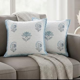 HOMEMONDE Hand Block Printed Soft Cushion Cover Set of 2 - Square 24 X 24 Inches Cotton Throw Pillow Cover, Baby Blue, 300 TC