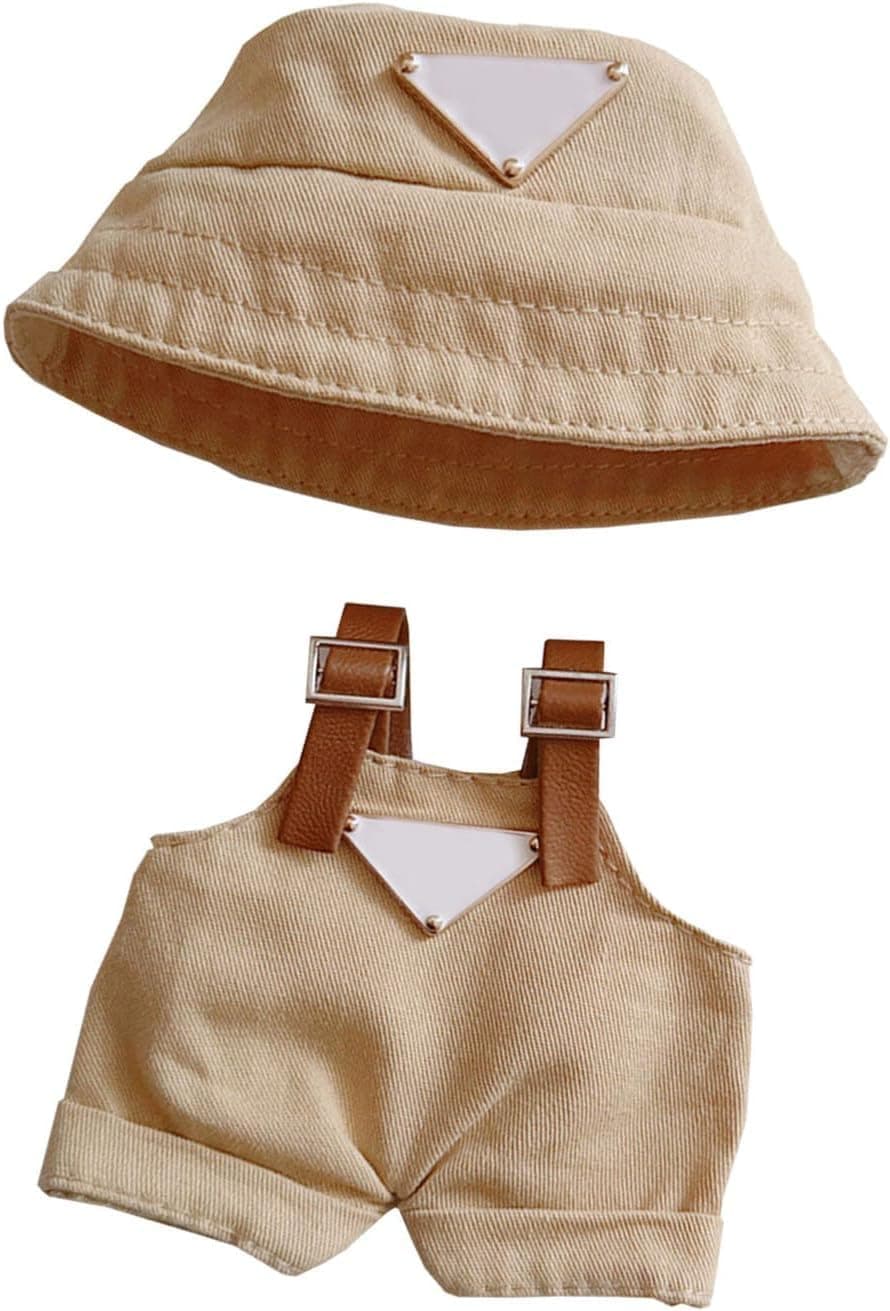 17cm Clothes Set(NO Doll), Hat & Overalls Set for 17cm Accessories Suit, Cute Clothes for Dress up Unique Style (Khaki)