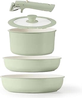 CAROTE 5pcs Pots and Pans Set Non Stick, Cookware Sets, Kitchen Set, Oven/Dishwasher/Fridge Safe, Space Saving Pots Set, Nonstick Set with Versatile Detachable Handle, Induction RV Set, Green