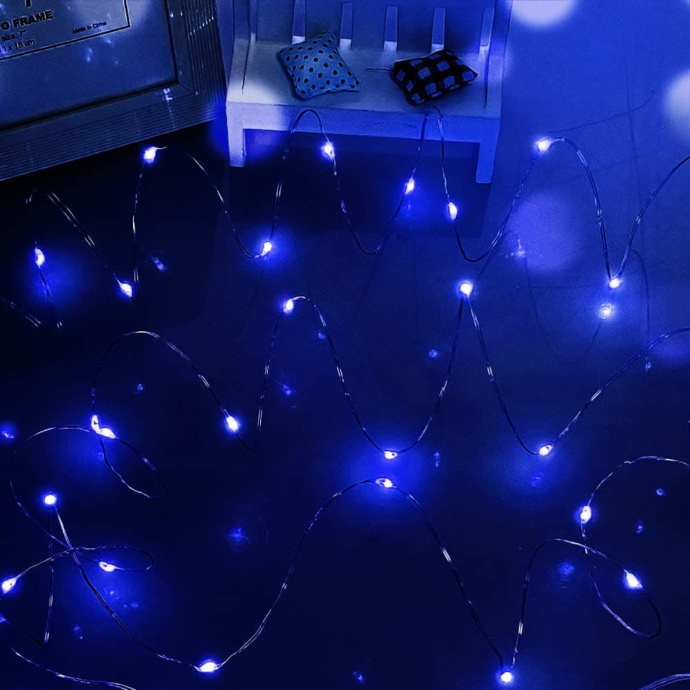 Battery Powered String Lights, 50 LED 5M/16FT Micro Silver Wire LED Firefly Light DIY Decoration for Bedroom Tent Jars Wall (Blue)
