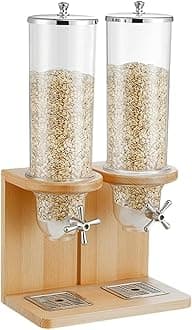 3.5L/7L/10.5L Dry Food Dispenser, Triple-Head Cereal Storage Container with PC Barrel and Wood Base for Rice, Candy, Beans, and Nuts(Double head)