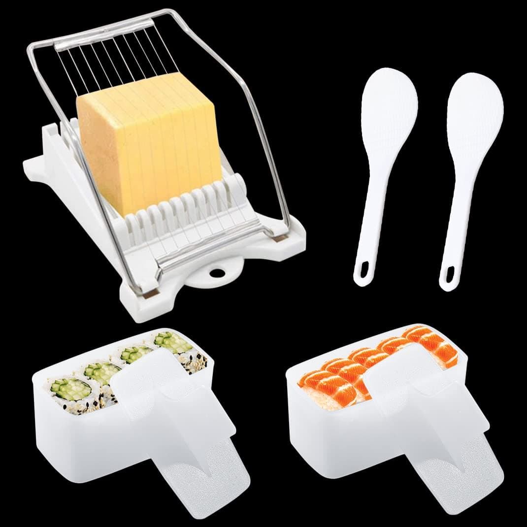 5 Pcs Luncheon Meat Spam Slicer Musubi Maker Press Egg Cheese Slicer Non Stick Rice Sushi Making Kit Soft Food and Ham Cutter Onigiri Mold with 2pcs Small Rice Paddle (5 Pcs)