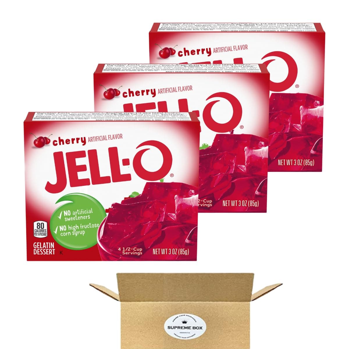 SUPREME BOXJell-O Cherry Gelatin Mix, 3 oz Boxes - Pack of 3 (9 oz in total)