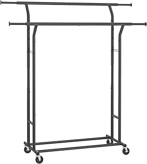 SONGMICS Rail, Double Clothes Wheels, Extendable Garment Rack, Heavy-Duty Metal Frame, 110 kg Total Max. Load, 129-169 cm Wide, Ink Black HSR012B01, （129-169）× 55 ×（148-172） cm