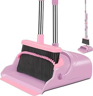 Broom and Dustpan Set for Home, Office, Indoor&Outdoor Sweeping, Stand Up Broom and Dustpan (Pink)