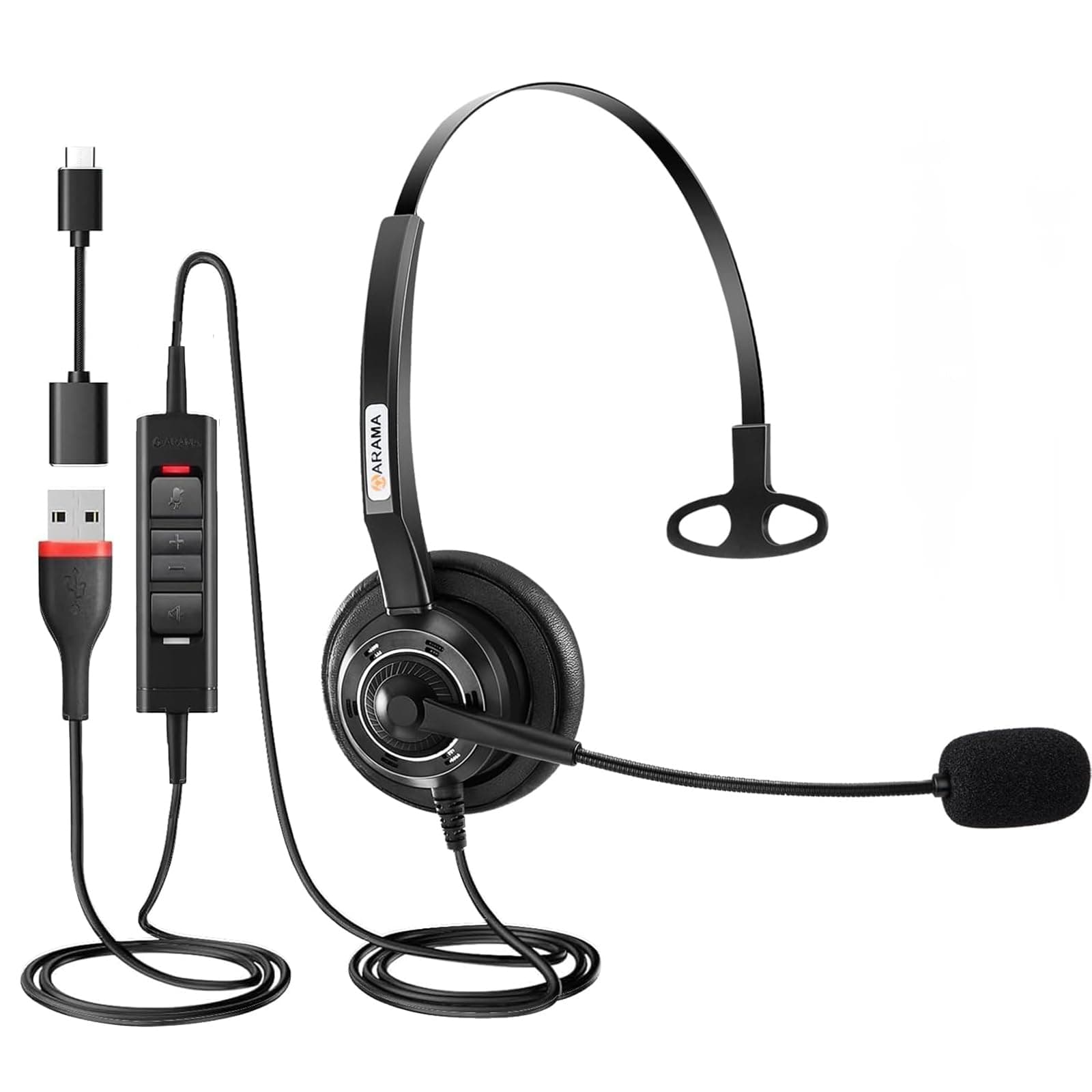 AramaUSB Headset with Microphone Noise-Cancelling, Comfort Fit Computer Headset with Microphone for PC Laptop Mac Skype Zoom UC Webinar Business Call Center Home Office (Black-Monaural)