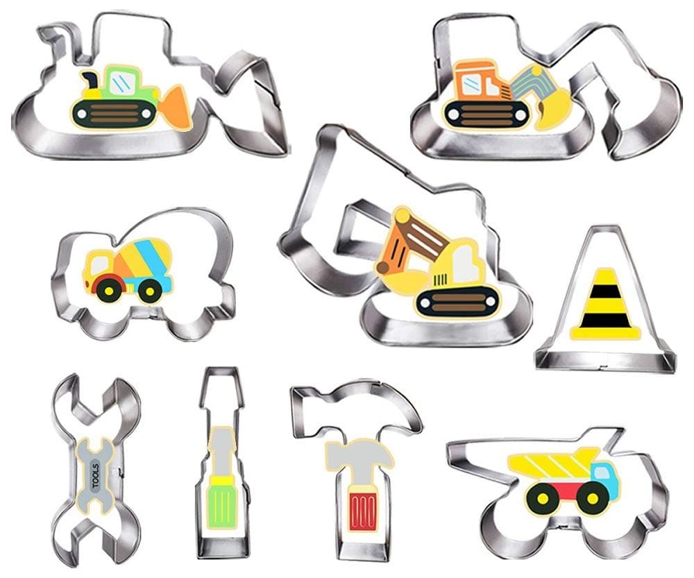 Construction Cookie Cutter Set-3 Inches-9 Piece- Excavator Bulldozer Dump Truck Hammer Wrench Construction Tools Cutters Molds for Kids Construction Themed Party