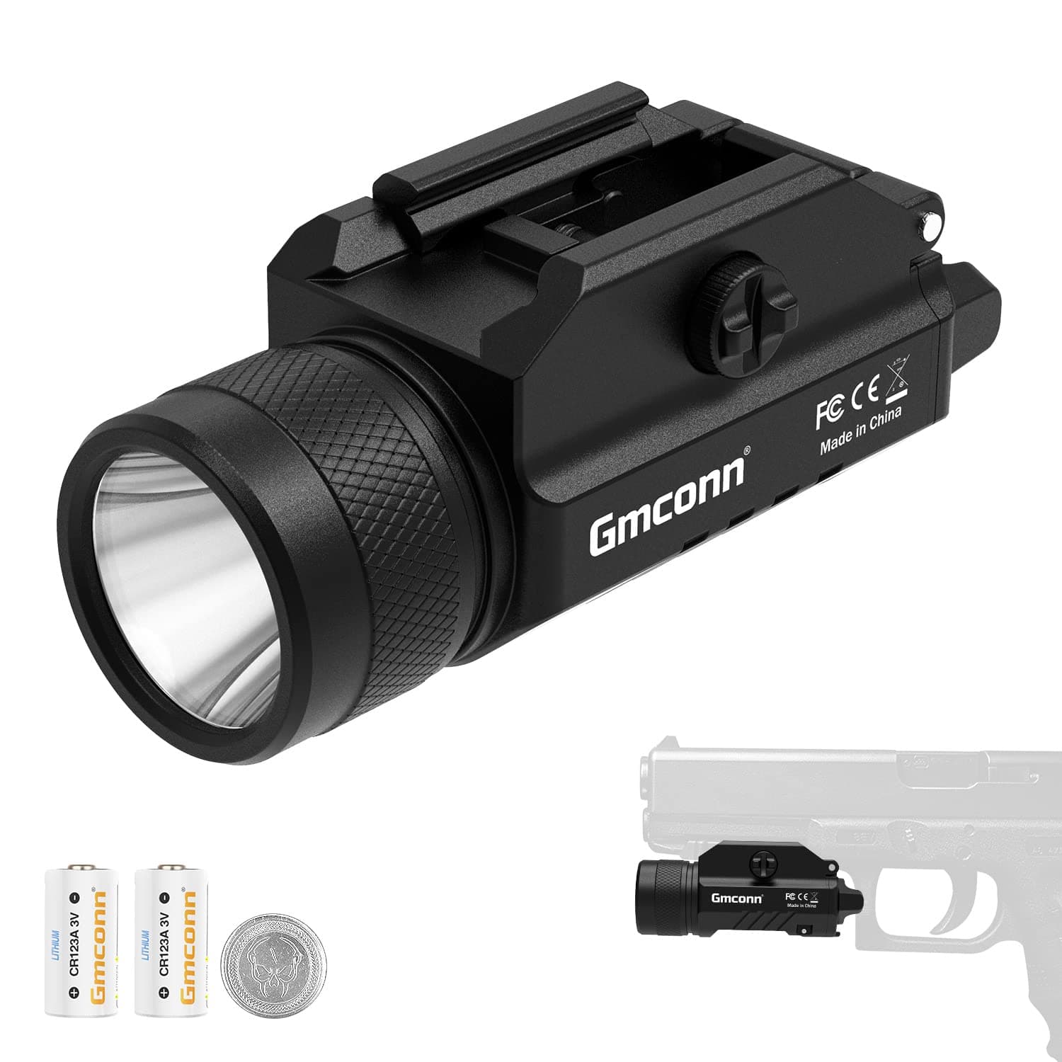 Gmconn 1200 Lumens Rail Mounted Compact Pistol Light LED Strobe Tactical Gun Flashlight with 2 x CR123A Lithium Batteries