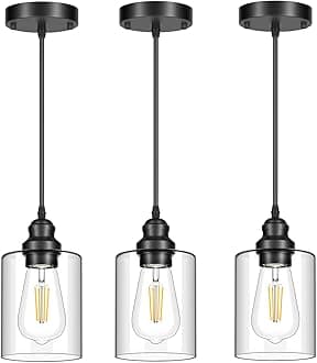 Licperron 3 Pack Hanging Pendant Lighting Fixtures, Adjustable Black Hanging Ceiling Lamp with Clear Glass Shade, Modern Pendant Light for Kitchen Island, Dining Room, Bedroom, Hallway