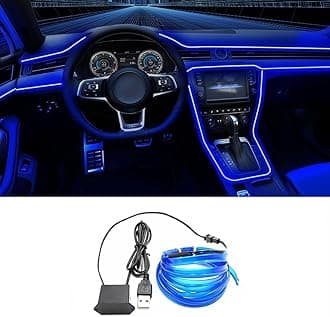 EL Wire Interior Car LED Strip Lights, 16.5FT USB Neon Glowing Strobing El Wire Strip with 6mm Sewing Edge, Ambient Lighting Kits for Car Inside Decorations (Blue)