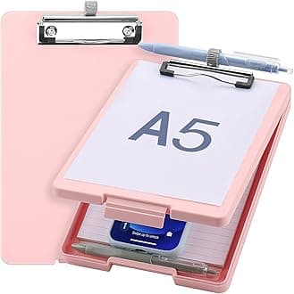 Small Clipboard with Storage, A5 Clipboards with Pen Holder, Half Letter Clip Boards 6x9 Mini Plastic Clipboard with Low Profile Clip for Classroom, School, Office Supplies (Light Pink)