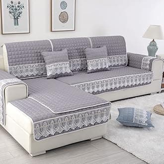 vctops Farmhouse Solid Color Sofa Slipcover Non Slip L Shape Sofa Cover Lace Trim Plaid Quilted Sectional Couch Cover Furniture Protector Cover for Pets Kids Children Dog Cat (Gray,43"x82")