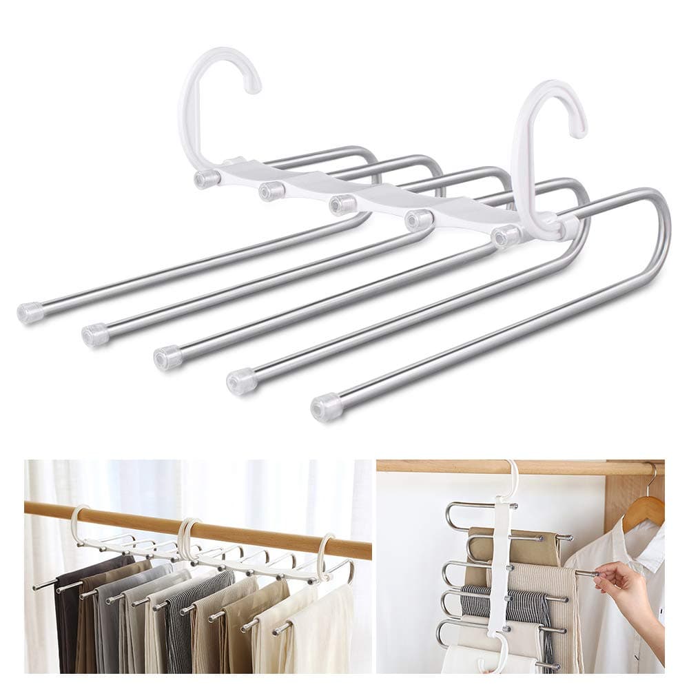 Massy Pants Hangers Multi-Layer Hanging Pants 5 in 1 Pants Rack Stainless Steel Pants Hangers Folding Storage Rack Space Saver Storage for Trousers Scarf Tie Belt Adjustable(2 Pack)