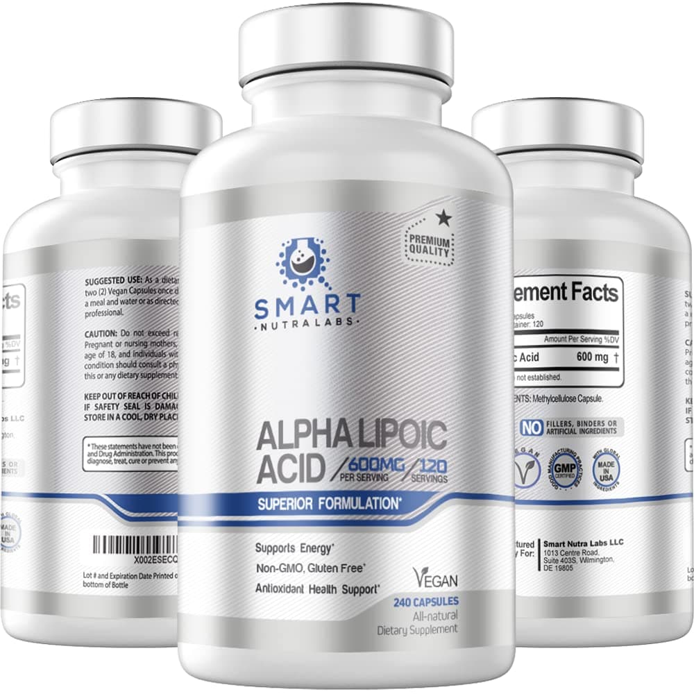 SMART NUTRA LABS Alpha Lipoic Acid 600mg Per Serving, 240 Vegan Capsules- Gluten Free, Pure Non-GMO ALA- Supports Energy & Anti Oxidant