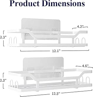 Kitsure Shower Caddy - 2 Pack, No Drilling Shower Organizer with 8 Hooks, Rustproof Stainless Steel Shower Shelf for Inside Shower, Shower Rack for Bathroom, 4.7" D x 12.6" W x 2.4" H, White