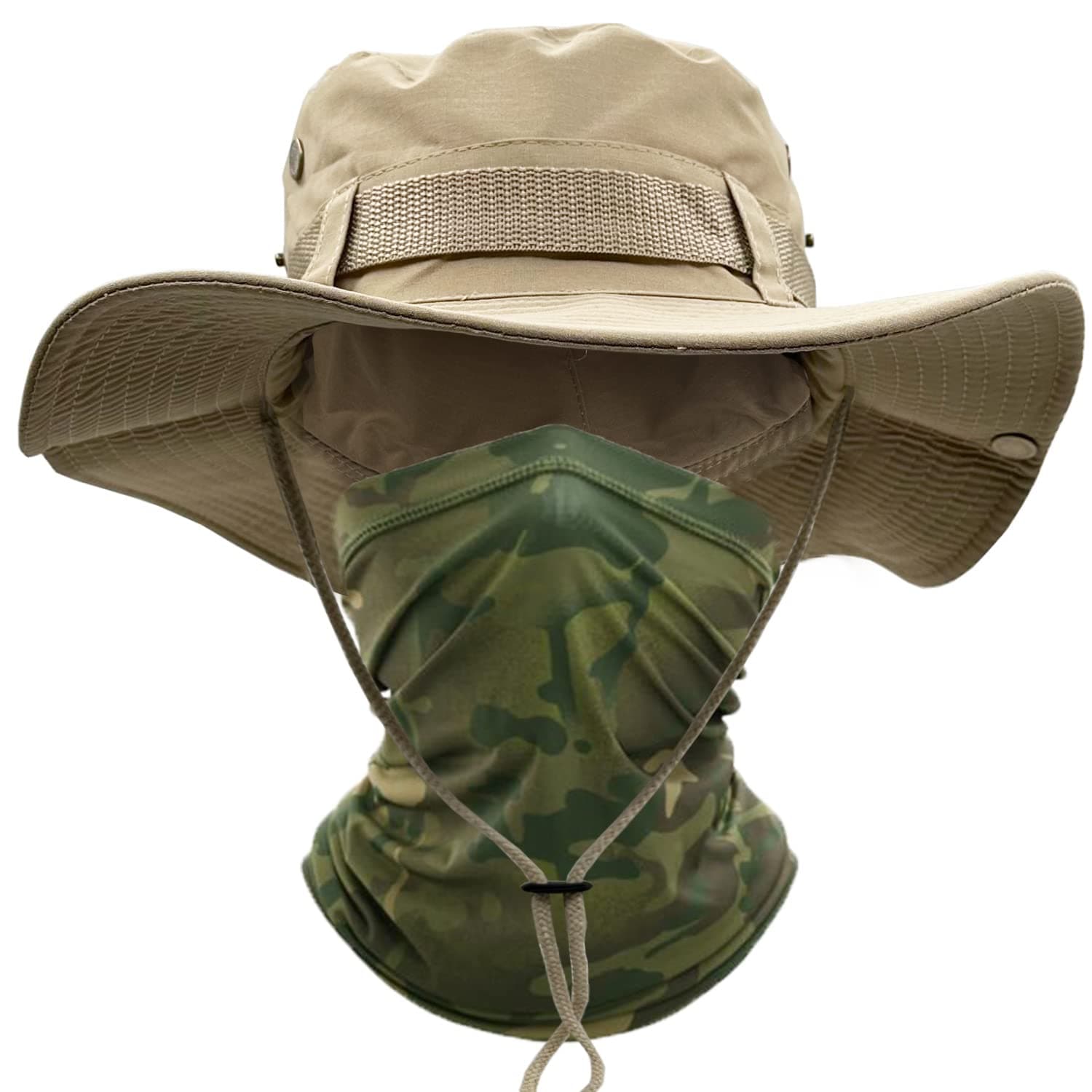 ehsbuySun Hat Men's UPF 50+ Safari Hat Summer Hat Wide Brim Camo Hiking Hat Army Boonie Hat with Cooling Multifunctional Scarf Tube Scarf Outdoor Fishing Hat