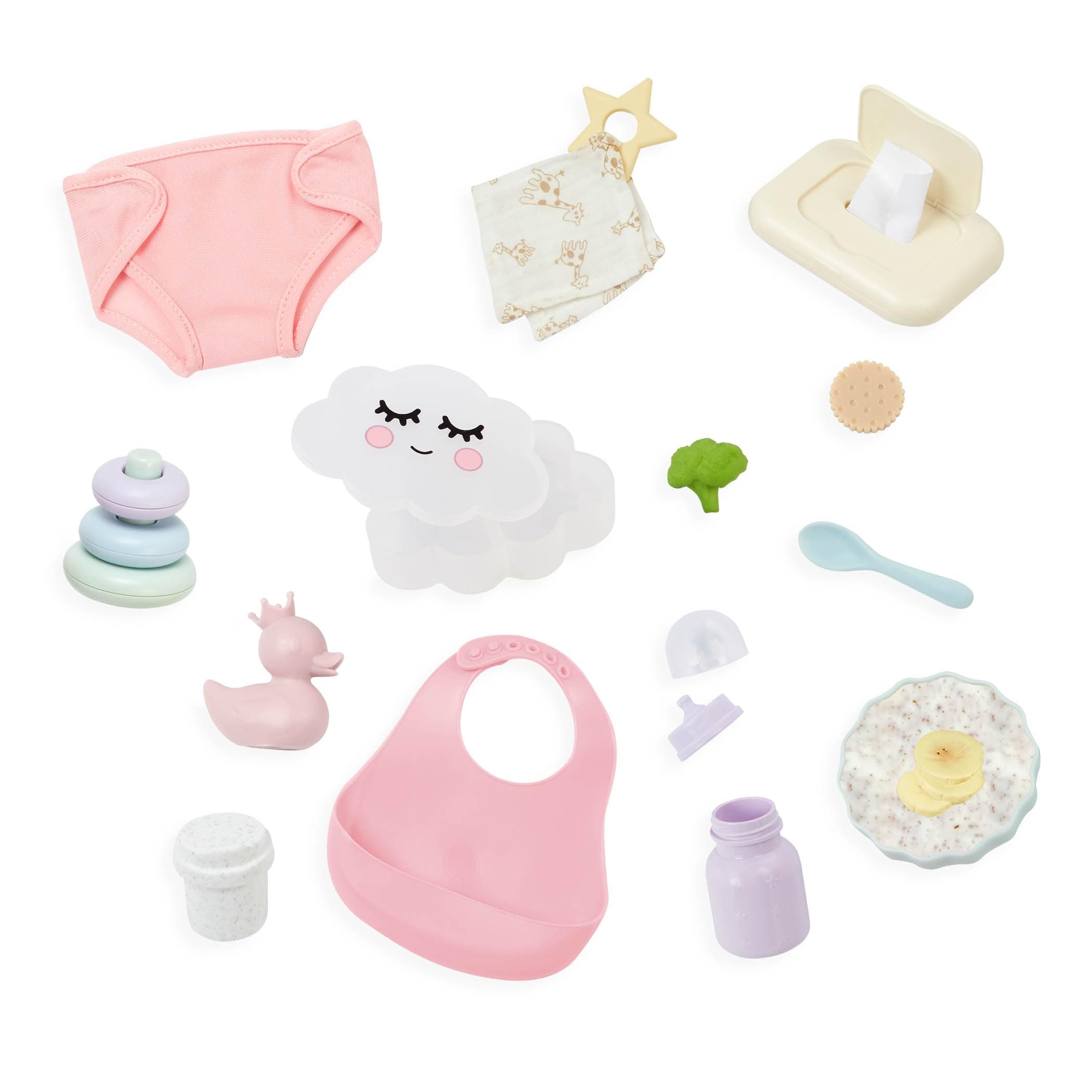 LullaBaby – Meal Time & Changing Set – Diaper, Bib & Pretend Food – 14-Inch Baby Doll Accessories – Pretend Play 2+ Years– Baby Doll Care & Feeding Set