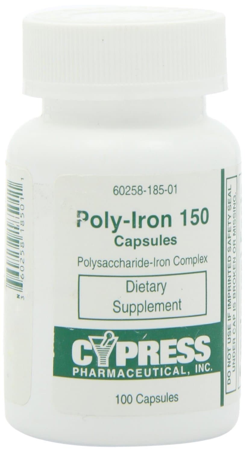 Dietary Supplement - Poly Iron Capsules 150 mg (100 caps per bottle) by Cypress Pharmaceutical #185-01 (2 Bottles of 100 Caps)