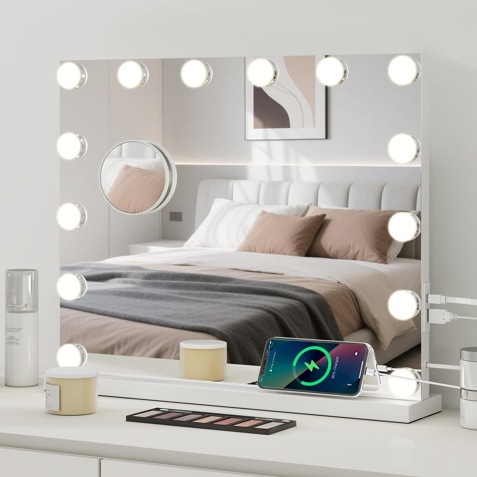 Hollywood Vanity Mirror with Lights, 50×42cm Large Lighted Makeup Mirror with 14 Dimmable LED Bulbs, Touchscreen Control, USB Output Port Tabletop or Wall Mounted Light Up Mirror For Bedroom
