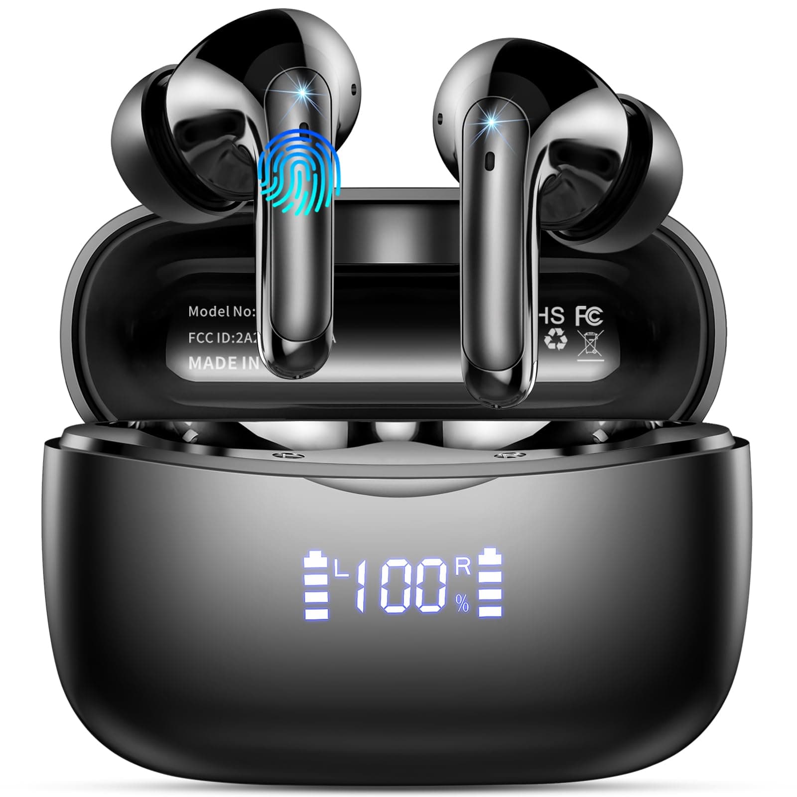 Wireless Earbuds,2025 Bluetooth 5.3 Headphones In Ear with 4 HD microphone, 56H Playtime, HIFI Stereo In Ear Earphones, IPX7 Waterproof Bluetooth Earbuds, LED Display, USB-C, Sport/Work/Leisure/Black