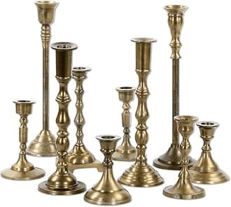 Koyal Vintage Brass Metal Candlestick Set, Taper Candle Holder Set of 10, Tall Candle Holders (Aged Gold)