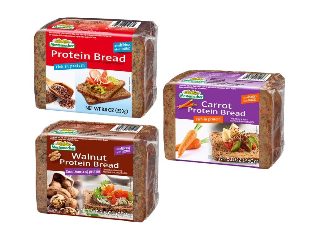 Mestemacher Protein Bread 8.8 ounces, Variety Pack of 3 - Protein (1), Walnut (1), Carrot (1)