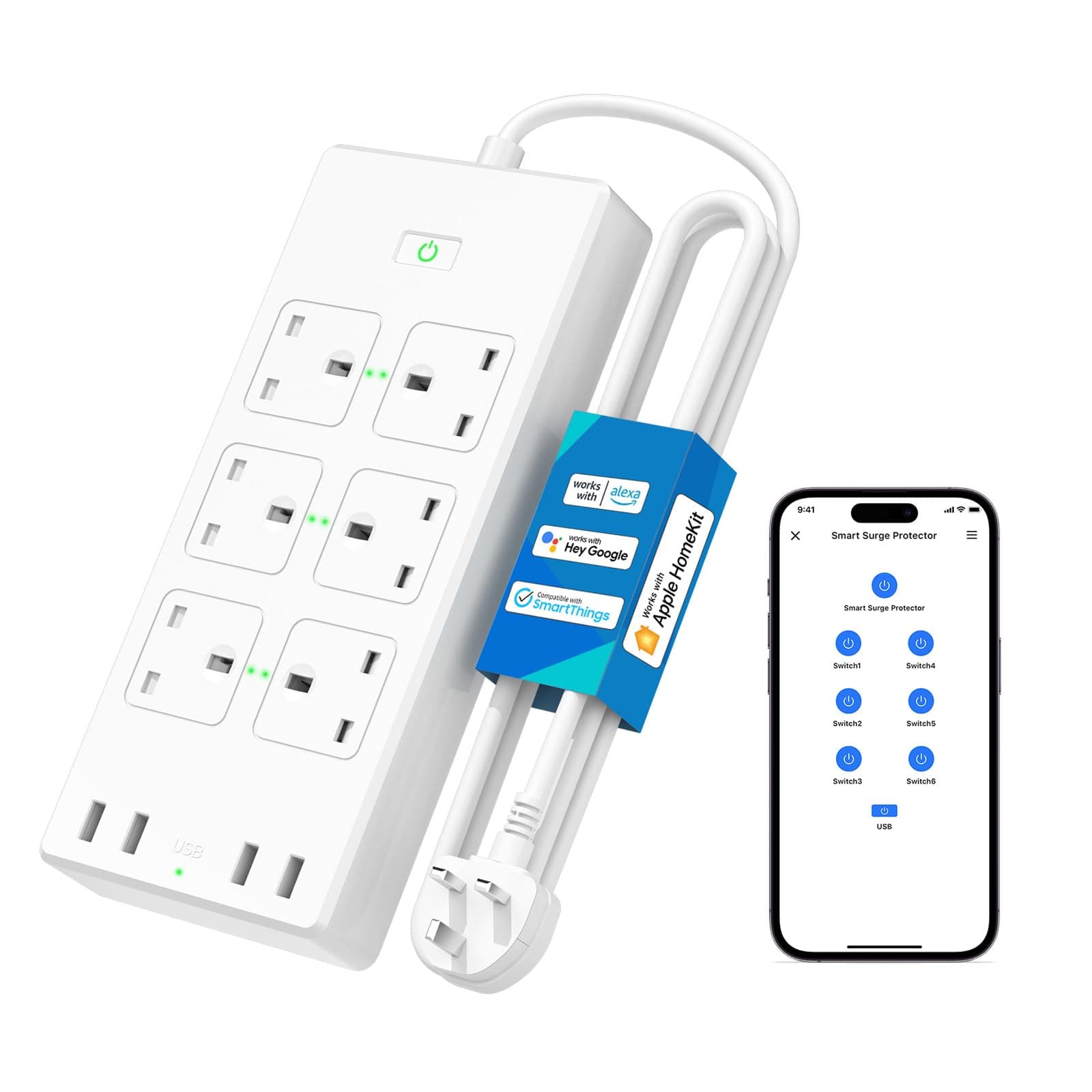 Smart Power Strip, 6 Outlets + 4 USB Ports Smart Extension Lead, Compatible with Apple HomeKit, SmartThings, Amazon Alexa, Google Home, Voice/Remote Control, 6ft Long Crod, 2.4GHz, 3250W