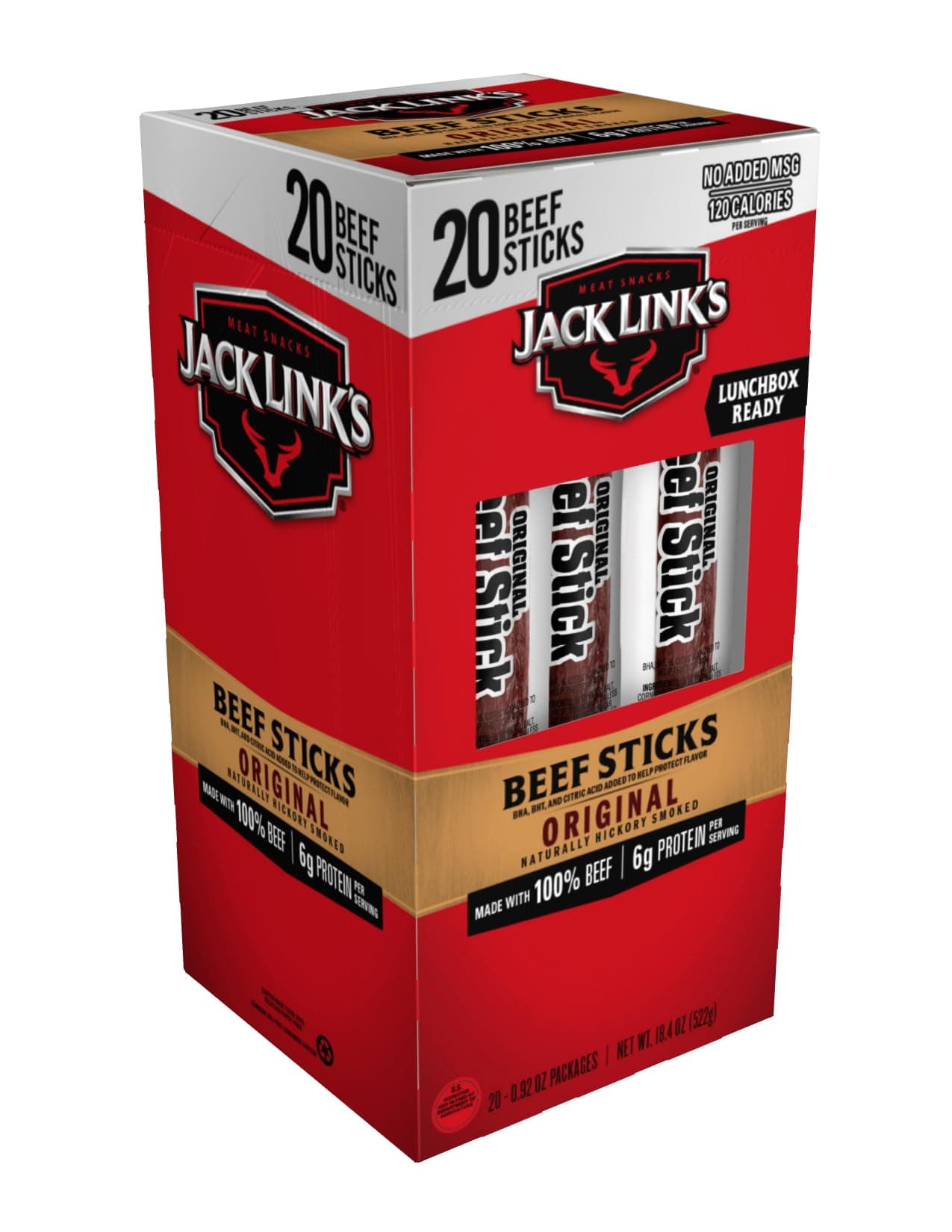Jack Link's Beef Sticks, Original - Protein Snack, Meat Stick with 6g of Protein, Meat Snack Sticks Made with 100% Beef, Keto Friendly, Individually Wrapped - 0.92 Oz. (20 Count)