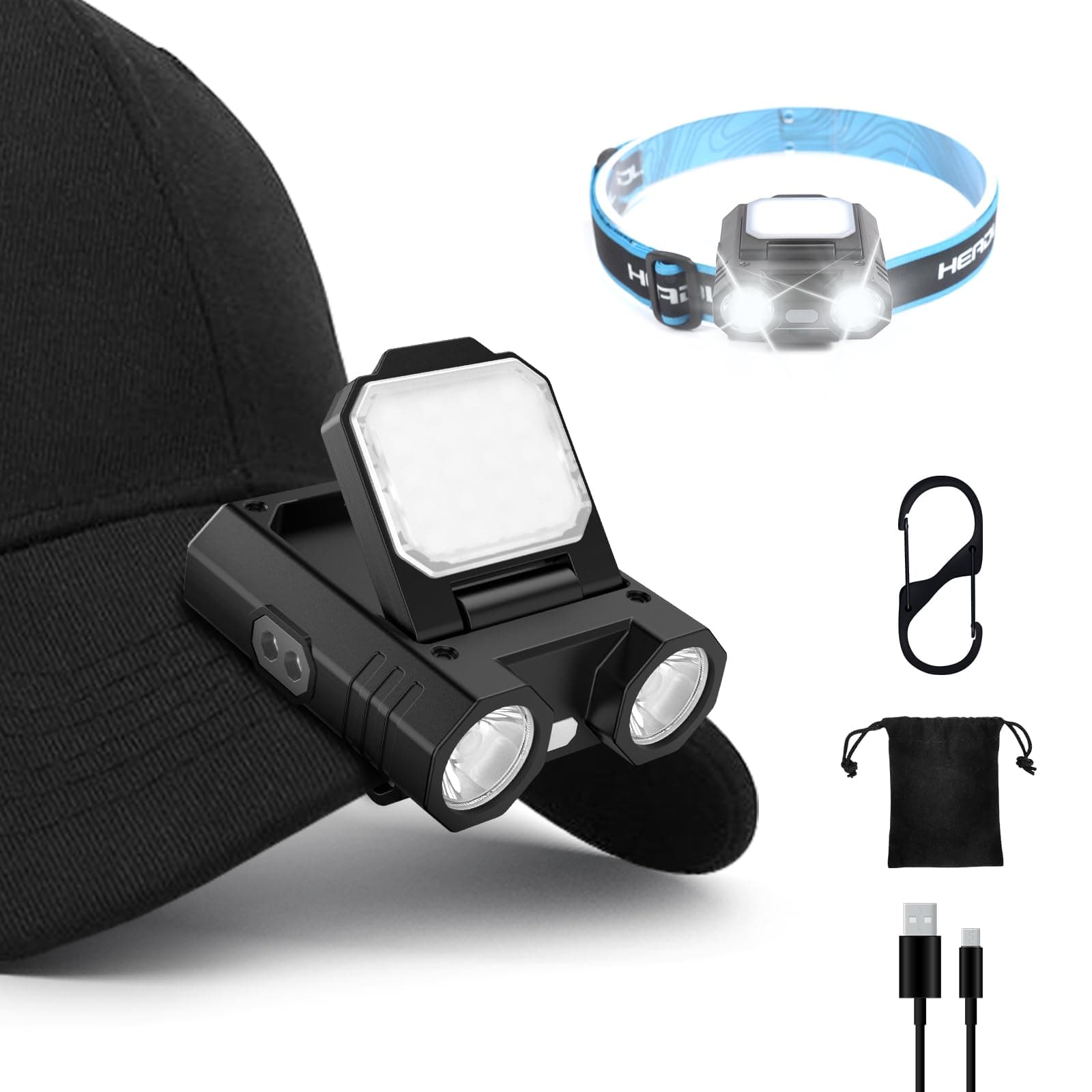 LED Hat Clip Light 400 Lumen Rechargeable Clip on Cap Lights with Motion Sensor, 180° Adjustable Hands Free Hat Flashlight Headlamp for Camping, Fishing, Hiking, Running