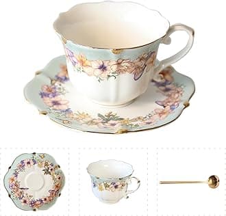 - Vintage Floral Porcelain Tea Cup and Saucer Set with Spoon, Gold Trim, 6.4 oz – Set of 1, Teal – Tea & Espresso & Coffee Cups (1, Teal)