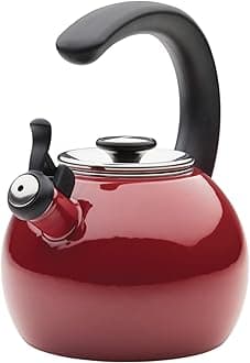 - Circulon Enamel On Steel Whistling Tea Kettle | Hot Water Kettle with Heat-Resistant Phenolic Grip, 1.9 Liters | Gas stovetop and Induction Compatible, Red