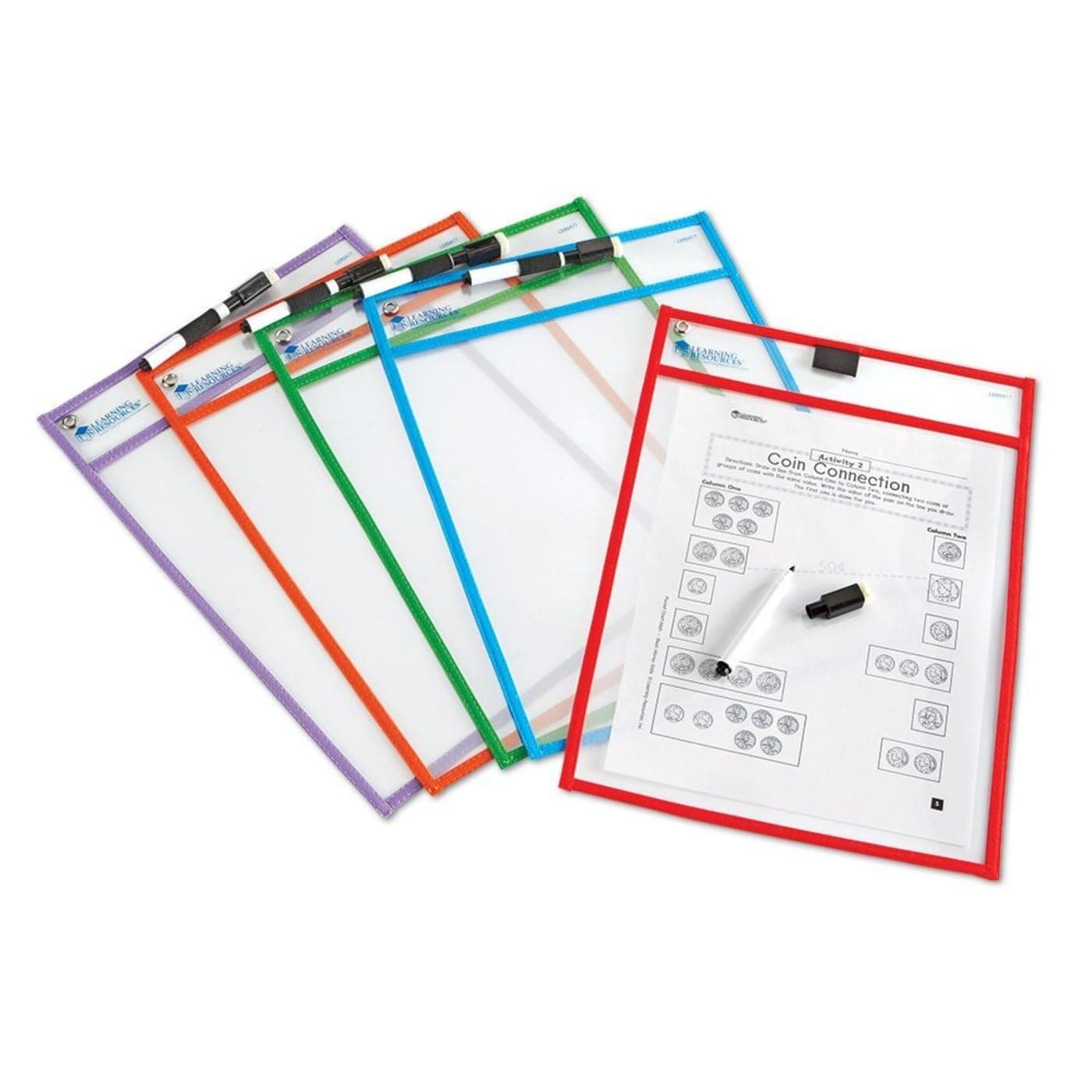 Write & Wipe Pockets, Set of 5 - Dry Erase Sheet Protectors, Dry Erase Sleeves, Pocket Protector, Classroom Supplies for Teachers, Clear Plastic Paper Sleeves