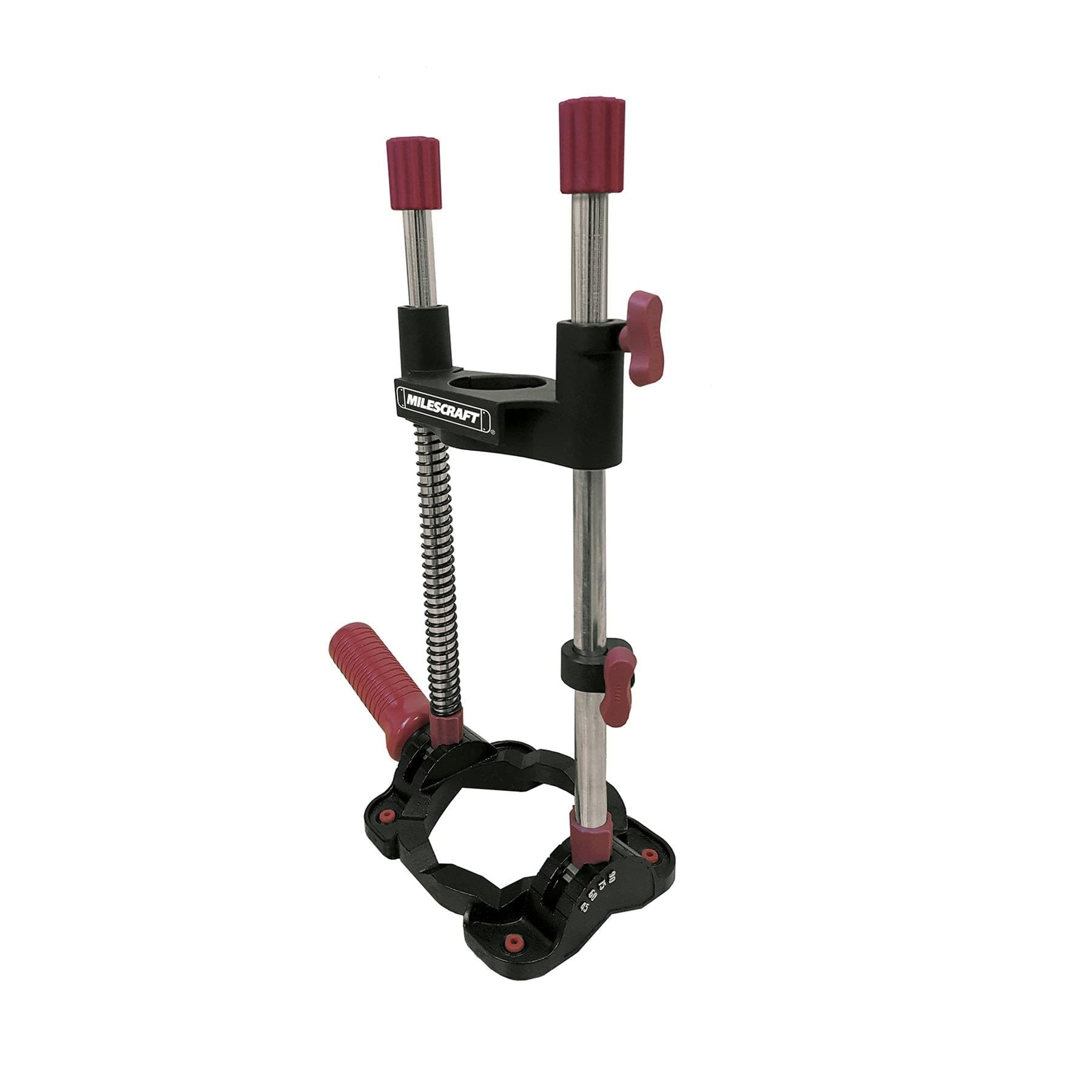 Milescraft 1368 DrillMate Portable Drill Guide for 43mm Diameter Collar International Style Drills. Multi-Angle Drilling Guide with Control Spring and Self-Centering Base. Drills Flat or Round Stock