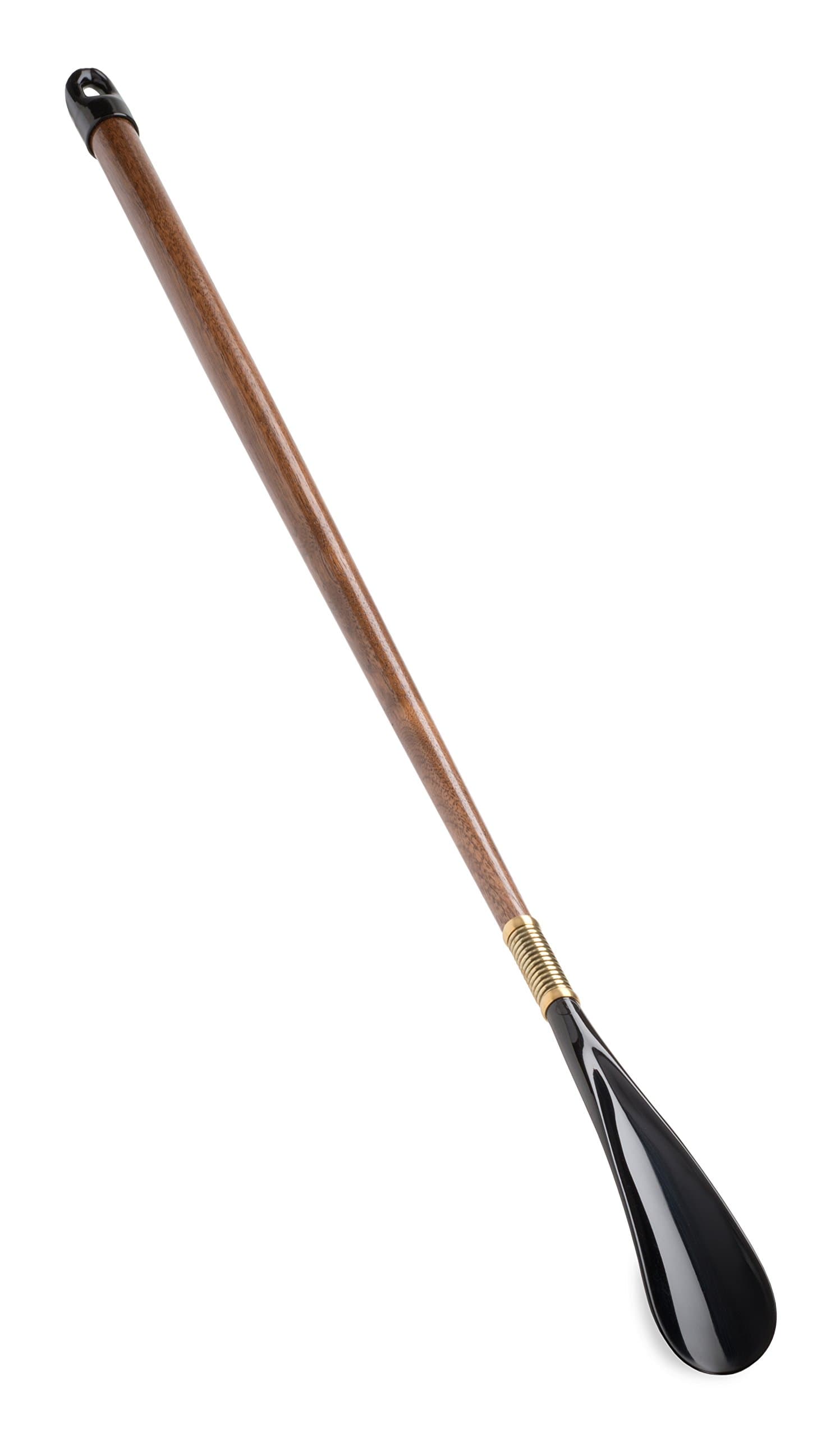 31" Long Handled Shoe Horn (Walnut Wood Handle)- MADE IN THE USA - Flexible Spring - Solid Wood Handle - Hanger Cap - 31 Inch Length