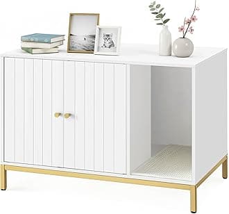Feandrea Litter Box Enclosure, Modern Cat Litter Box Furniture Hidden, with Scratching Mat, Tall Legs, Cat House, Side End Table, 31.5 x 19.7 x 21.7 Inches, White and Gold UPCL007W01