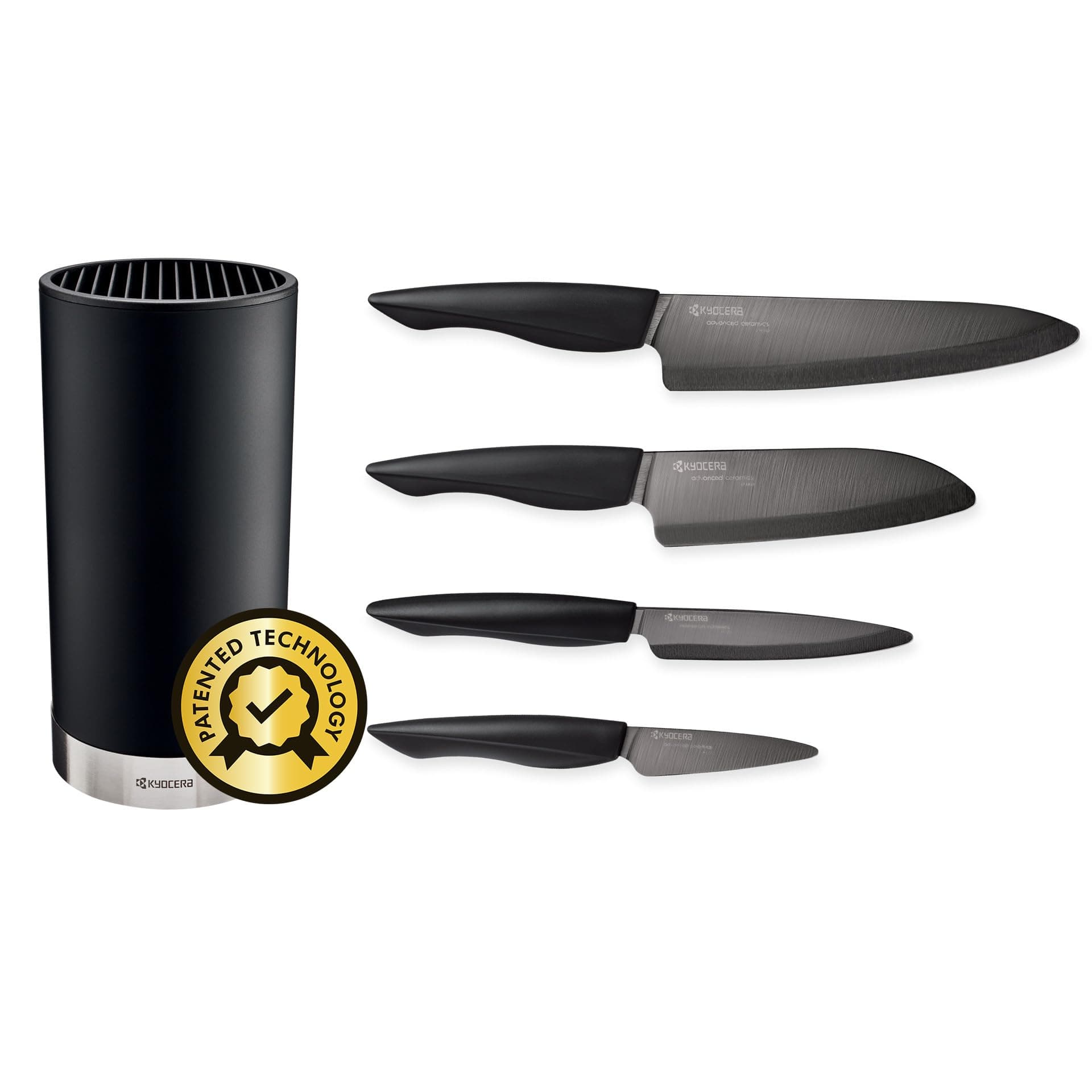 Kyocera Universal Round Soft Touch Knife Block, 8.8" x 4.3", Black and Innovation Series 4Piece Ceramic Knife Set, Black Blade, Black Handle (Bundle)